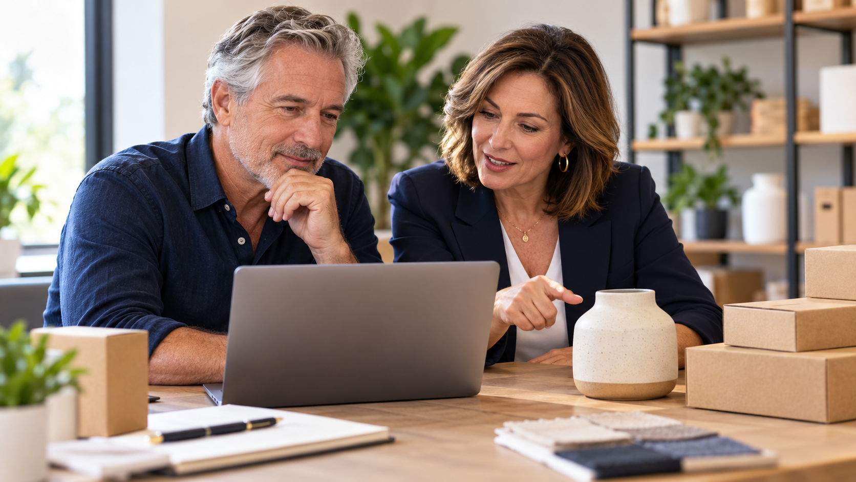 Business owners reviewing their e-commerce business on a laptop